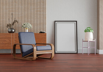 3D mockup photo frame with houseplant in living room rendering