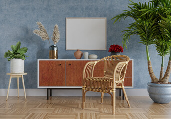 3D mockup photo frame with houseplant in living room rendering