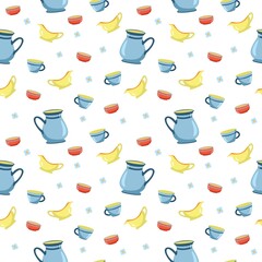 Seamless pattern with, Yellow gravy boat, Red bowl, Blue pitcher in cartoon modern style. Ceramic kitchenware Print for design tablecloth, clothes, pillows.