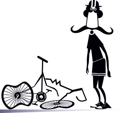 Cyclist and a broken bike isolated illustration.
Sad long mustache man standing near a broken bike with downcast hands black on white background
