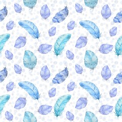 Watercolor illustration, delicate banner, seamless pattern, blue feathers on a white background
