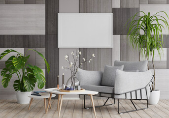 3D mockup photo frame with houseplant in living room rendering