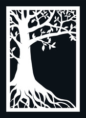 Laser cut tree vector invitation template. Wedding paper card. Die cut tree paper design. Black and white silhouette. May be used for laser cutting or wood carving. 