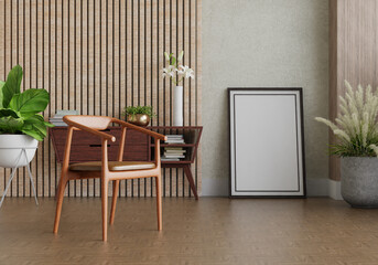 3D mockup photo frame with houseplant in living room rendering