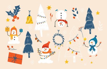 Vector set of cozy Christmas decorations with snowmen. Bundle of bauble, wreath, gifts, socks, fir tree. Kids illustration. Scrapbook trendy collection