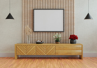 3D mockup photo frame with houseplant in living room rendering