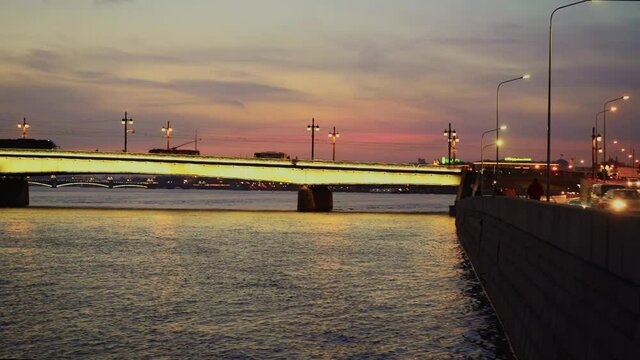 liteyny bridge over Neva river, Saint petersburg, Russia. sunset in city