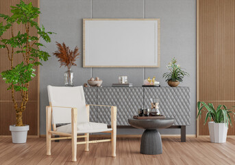 3D mockup photo frame with houseplant in living room rendering
