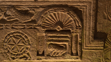Sarcophagus with Ark of the Covenant carved relief in the Cave of the coffins at Bet She'arim in Kiryat Tivon, Israel catacombs with sarcophagi
