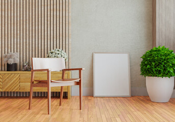 3D mockup photo frame with houseplant in living room rendering