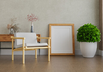 3D mockup photo frame with houseplant in living room rendering