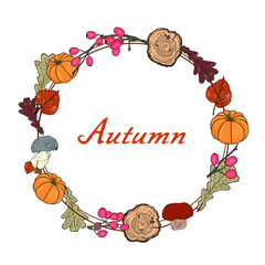 Isolated vector illustration round frame of pumpkins, berries, autumn leaves. Mockup with empty space, symbol, logo element, icon, blank for designer