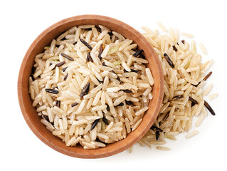 Wild unpolished rice in a plate on a white background, isolated. Top view