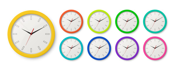 Vector 3d Realistic Color Wall Office Clock Icon Set Isolated on White. Different Colors. White Dial. Design Template of Wall Clock Closeup. Mock-up for Branding, Advertise. Top, Front View