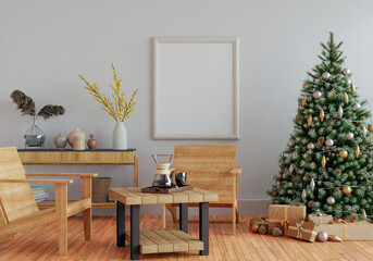 3D mockup photo frame with christmas tree  in living room