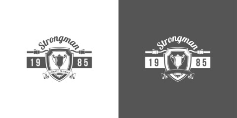 logo athletic club for bodybuilding, powerlifting, weightlifting, crossfit and fitness training. Barbell club logo vintage design isolated on background. Emblem for gym and heavy training of strongman