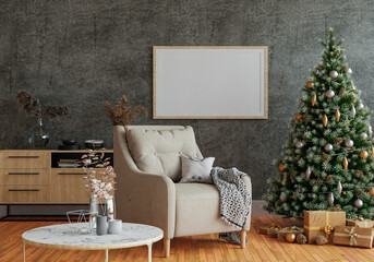 3D mockup photo frame with christmas tree  in living room