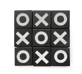 Wooden tic-tac-toe set on white background, top view