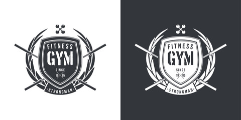 Fototapeta premium logo athletic club for bodybuilding, powerlifting, weightlifting, crossfit and fitness training. Barbell club logo vintage design isolated on background. Emblem for gym and heavy training of strongman