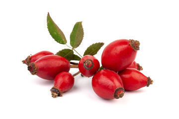 The rosehip isolated on white background. Fresh raw berries with leaves.