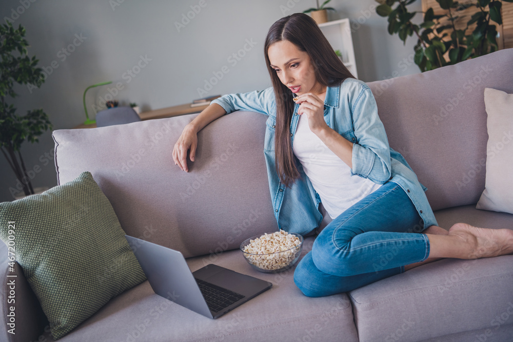 Poster portrait of attractive focused woman sitting on divan using laptop watching web film eating corn fre