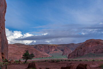 Tranquil southwest scene with storm clouds rolling into Monument Valley area