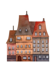 Fototapeta premium Old city illustration. Watercolor town street with brick houses, roof tiles, chimney. European buildings and architecture