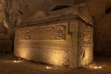 Sarcophagus with Ark of the Covenant carved relief in the Cave of the coffins at Bet She'arim in...