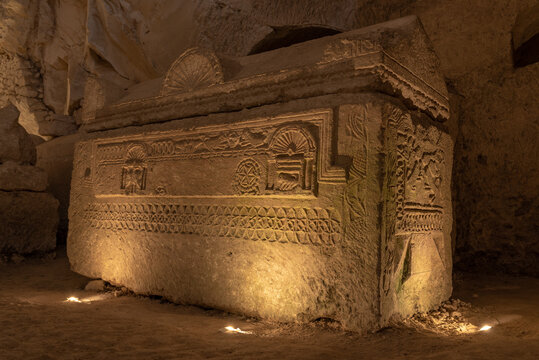 Sarcophagus with Ark of the Covenant carved relief in the Cave of the coffins at Bet She'arim in Kiryat Tivon, Israel catacombs with sarcophagi
