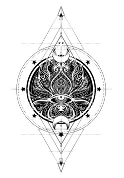 Lotus, Eye, Sacred Geometry. Ayurveda symbol of harmony and balance, and universe. Tattoo flesh design, yoga logo. Boho print, poster, t-shirt textile. Anti stress book. Isolated vector illustration..