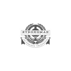 logo athletic club for bodybuilding, powerlifting, weightlifting, crossfit and fitness training. Barbell club logo vintage design isolated on background. Emblem for gym and heavy training of strongman