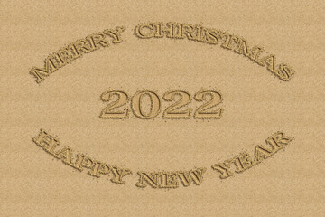 3D illustration New Year concept 2022 design with text sand design. Cover of business diary for 2022 with wishes. Brochure design template, card, banner. On sand background.