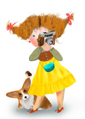 a girl in a yellow skirt with a dog - 467201584