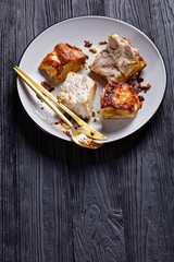 Roasted pork loin chopped into pieces, close-up