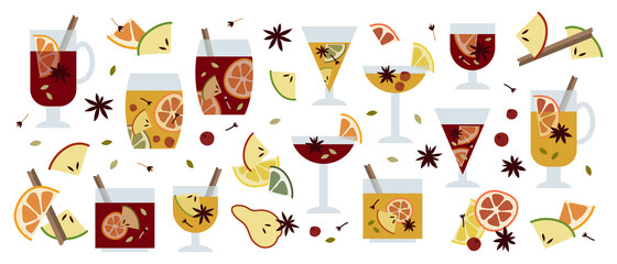 Christmas mulled wine with citrus fruit, apple, cinnamon, clove, cardamom and anise. Winter hot drink in glass. Sangria, apple cider. Traditional xmas beverage. Vector illustration, flat cartoon style - 467202120