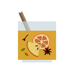 Christmas mulled white wine with citrus fruit, apple, cinnamon, clove, cardamom, anise. Winter hot drink. Sangria, apple cider. Traditional xmas beverage. Vector flat cartoon illustration