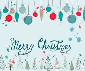 Merry Christmas greeting card with decorations balls and Christmas trees, splashes of paint, vector illustration congratulations or invitations to the New Year holidays