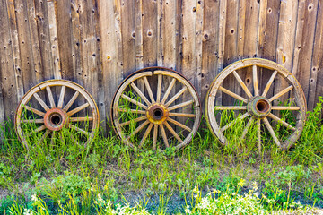 Fototapeta na wymiar Three Old Wooden Wagon Wheels against barn wall