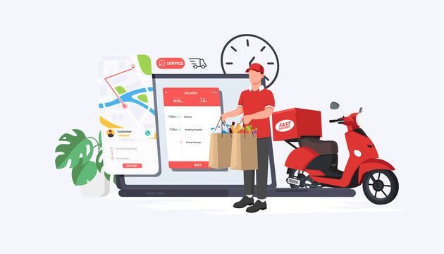 3D Delivery Food Express and scooter shipping with a Laptop - vector illustration