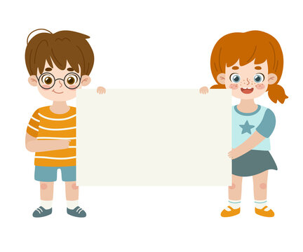 Two cute cartoon kid holding empty banner. Friendly boy and girl show blank paper placard.
