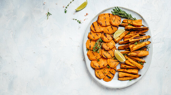 Roasted Sweet Potatoes With Rosemary And Lime. Banner, Menu, Recipe Place For Text, Top View