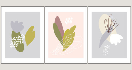 Fototapeta na wymiar Botanical wall art poster set with abstract shapes and minimalist plant elements.
