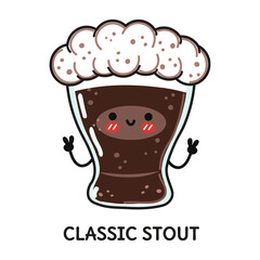 Funny cute happy glass of beer classic stout. Vector hand drawn doodle style cartoon character illustration icon design. Cute glass of beer classic stout mascot 