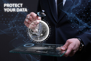 Business, Technology, Internet and network concept. Financial Graph. Stock Market chart. Young businessman working on a virtual screen of the future and sees the inscription: Protect your data