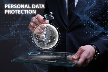 Business, Technology, Internet and network concept. Financial Graph. Stock Market chart. Young businessman working on a virtual screen of the future and sees the inscription: Personal data protection