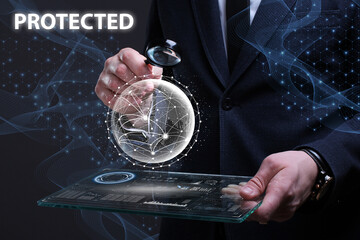 Business, Technology, Internet and network concept. Financial Graph. Stock Market chart. Young businessman working on a virtual screen of the future and sees the inscription: Protected