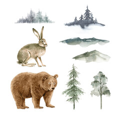 set of watercolor illustrations of animals and wildlife trees and mountains. Forest landscape, hand-painted