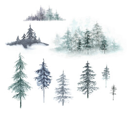 Obraz premium set of watercolor monochrome illustrations of mountains hills and forest. Siberia, Canada, Finland. Forest landscape, hand-painted