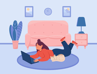 Female freelancer working from home flat vector illustration. Happy woman working remotely and surfing Internet using laptop and lying on floor with her dog. Internet, freelance, technology concept