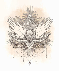 Obraz premium Female open hands over sacred geometry design elements. Alchemy, philosophy, spirituality symbols. Black, white vector illustration in vintage style isolated on white.